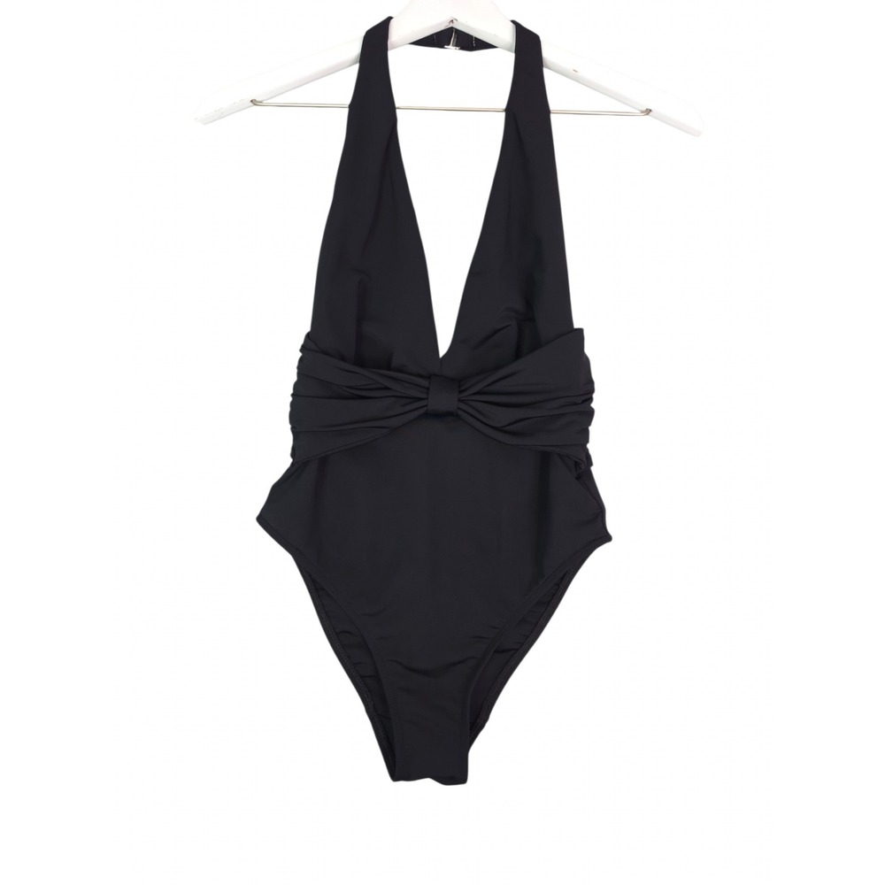 Mara Hoffman One Piece Swimsuit Women S Black Nylon Halter Deep V Bow Detail